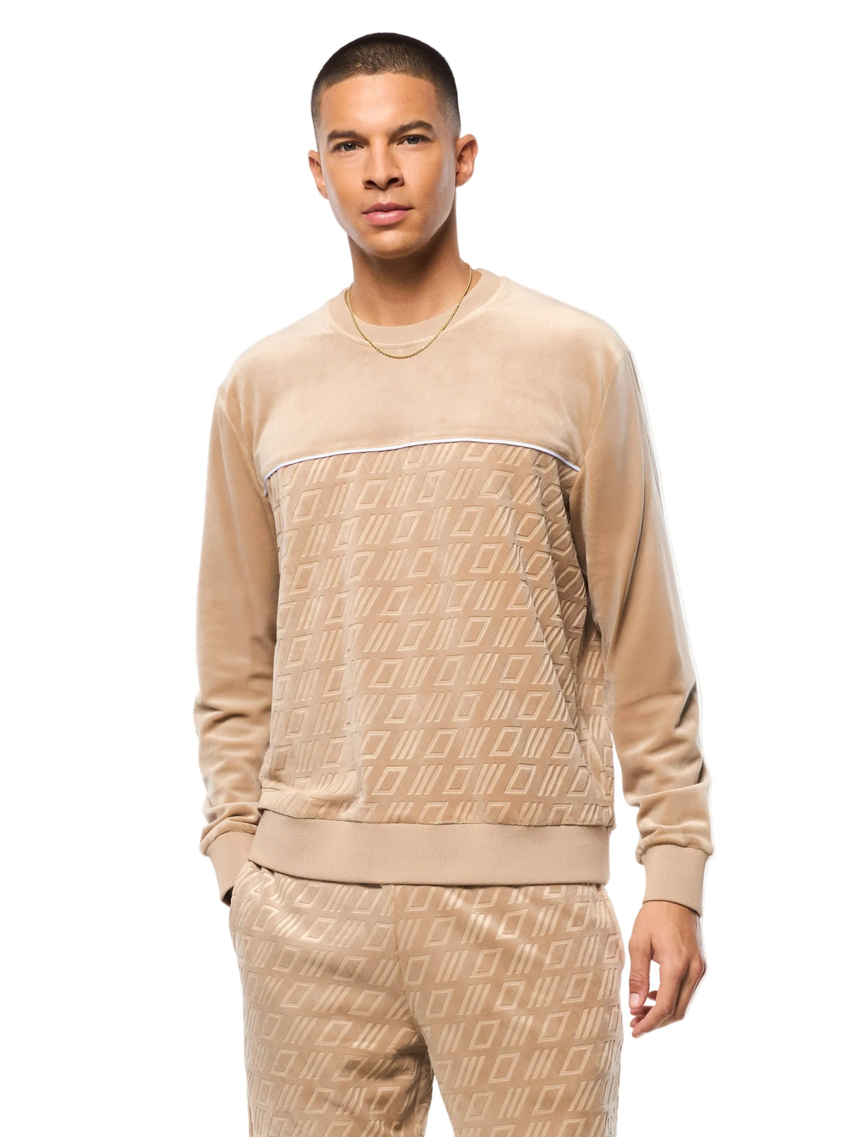 Bandiera Debossed Velour Crewneck-Humus